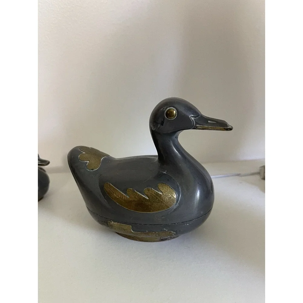 Vintage Solid Pewter and Brass Tin Duck Family Lidded Boxes - Set of 3 Hong Kon